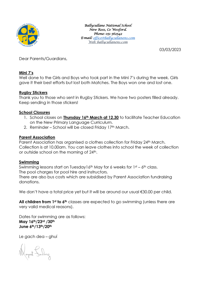Swimming Newsletter Letter March 2023